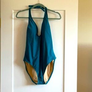 DARK TEAL BLUE HALTER 1 PIECE BATHING SUIT - SIZE 16